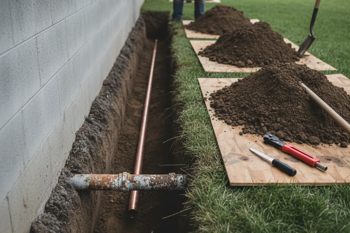 Excavated water line trench during Water Heater Repair in Shady Spring